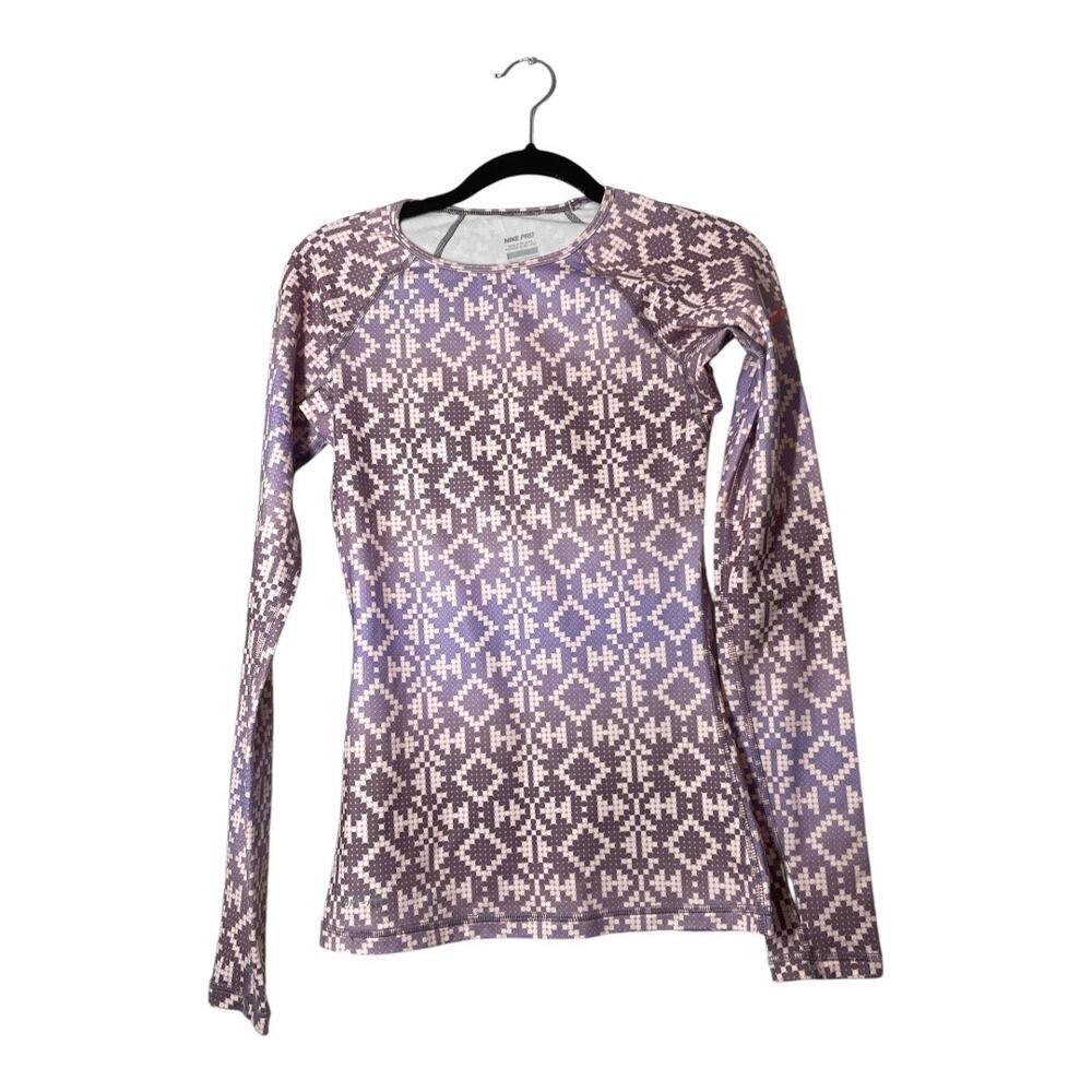 Nike Pro Womens XS Hyperwarm Geometric Print Long Sleeve Dri-fit Purple Pink